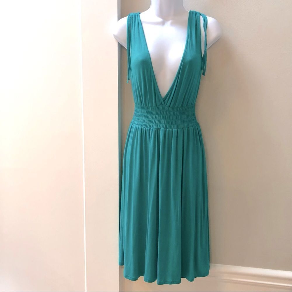 Na Na Fashion plunge neck smock waist teal jersey knit dress woman’s size M